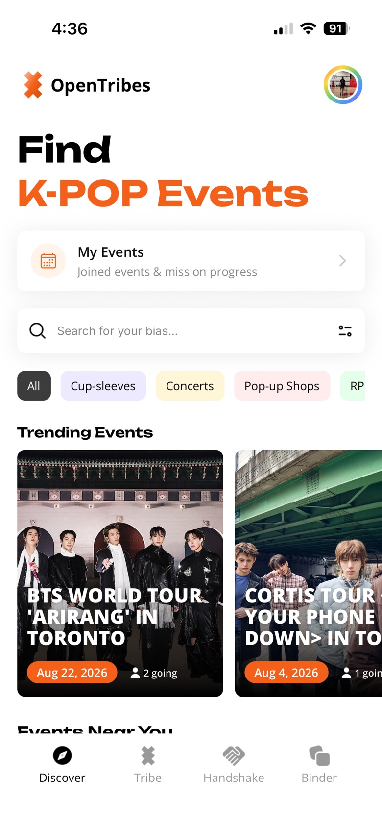 OpenTribes Discover screen with K-pop events in Toronto