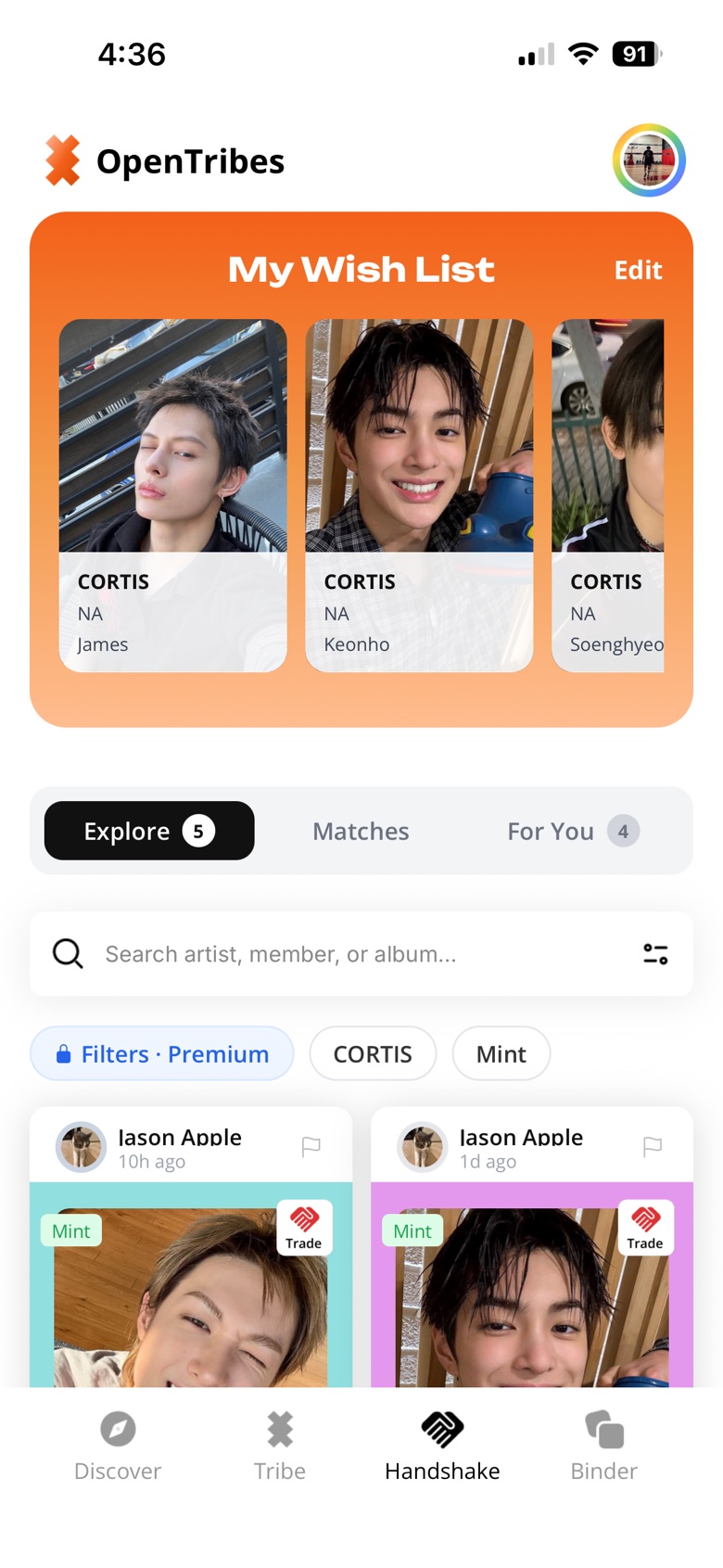 OpenTribes Handshake screen with wish list and trade matches