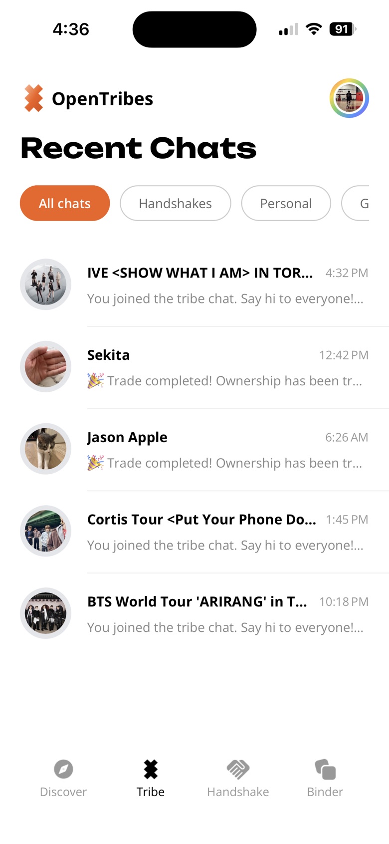 OpenTribes Tribe chats screen